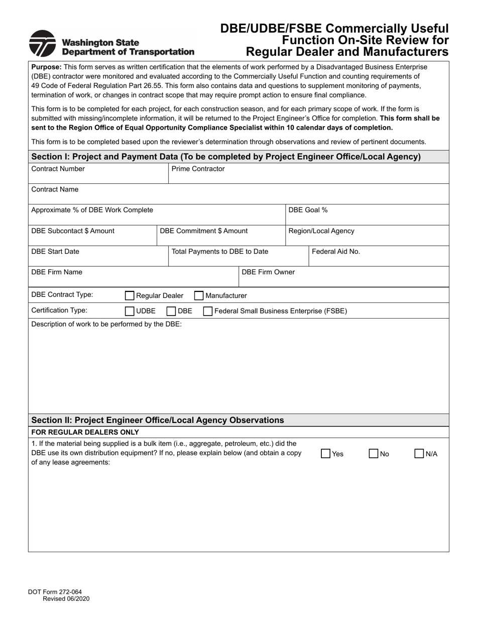 DOT Form 272-064 Dbe / Udbe / Fsbe Commercially Useful Function on-Site Review for Regular Dealer and Manufacturers - Washington, Page 1