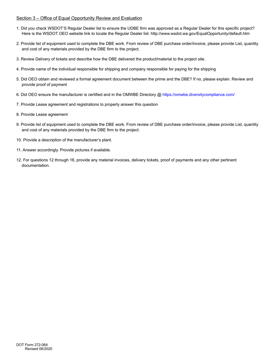 DOT Form 272-064 Dbe / Udbe / Fsbe Commercially Useful Function on-Site Review for Regular Dealer and Manufacturers - Washington, Page 7