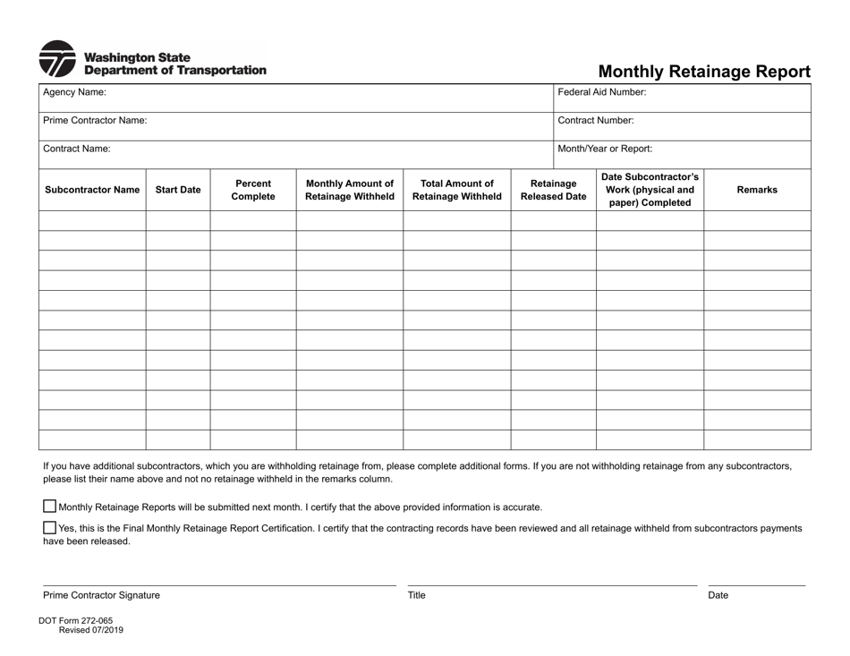 DOT Form 272-065 Monthly Retainage Report - Washington, Page 1