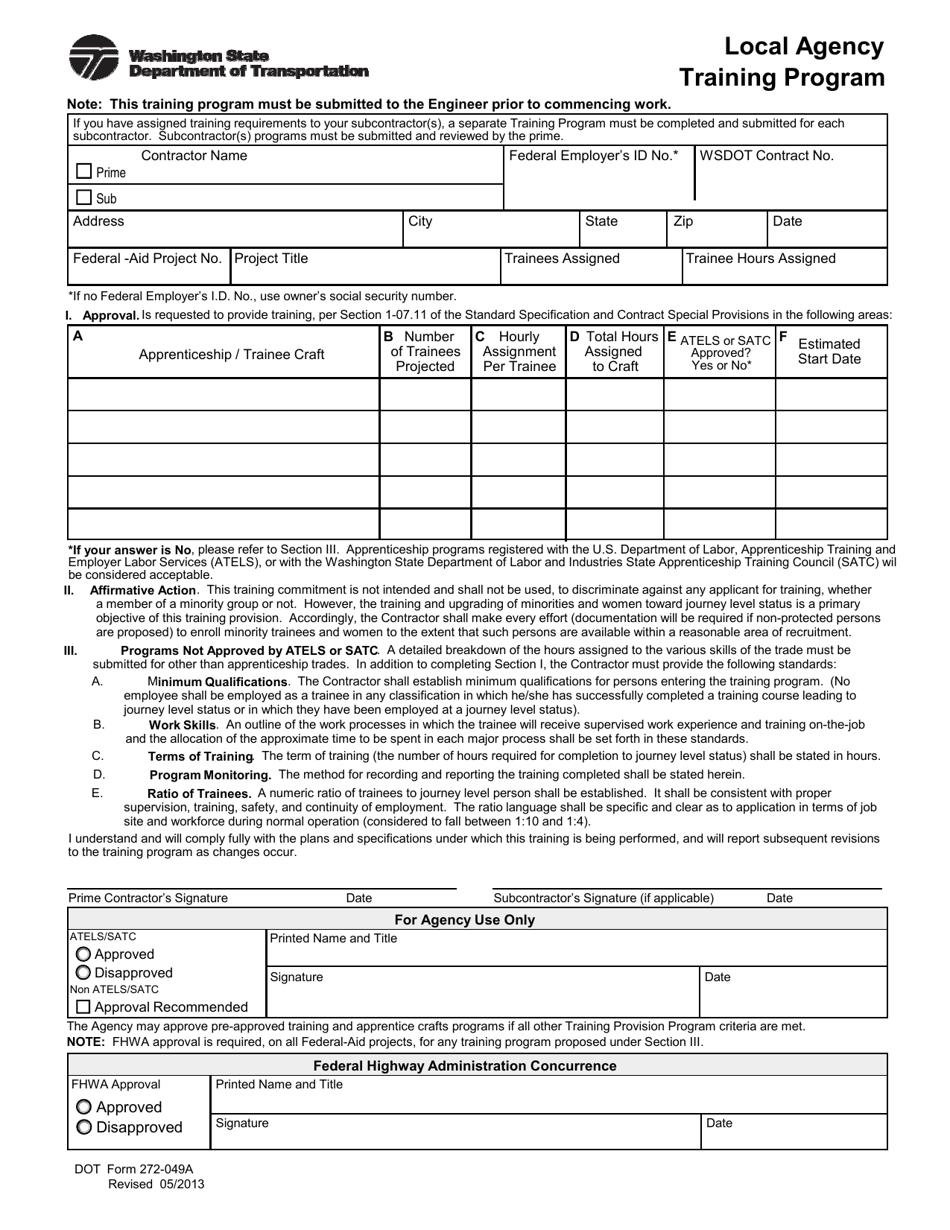 DOT Form 272-049A Local Agency Training Program - Washington, Page 1