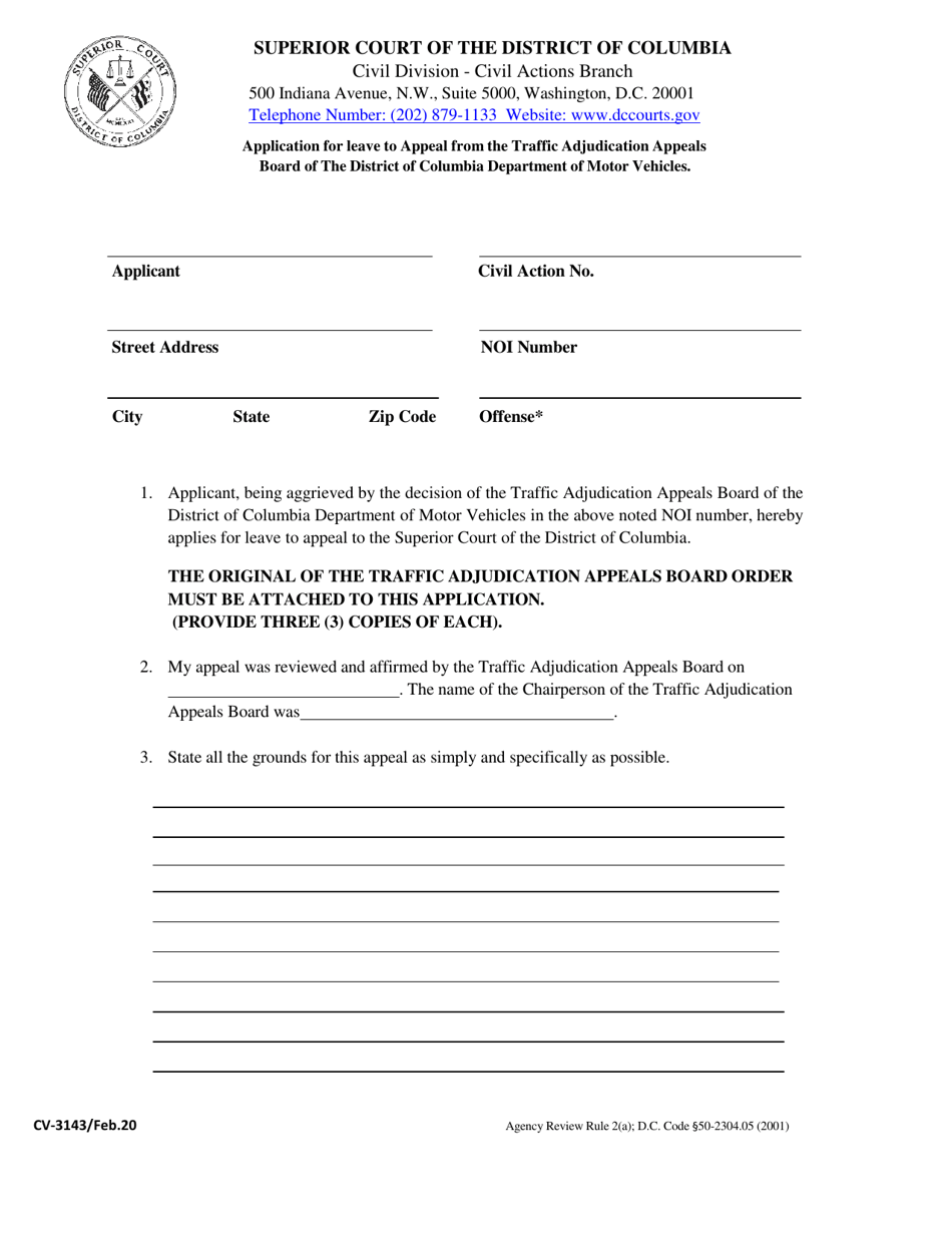 Form CV-3143 Application for Leave to Appeal From the Traffic Adjudication Appeals Board - Washington, D.C., Page 1