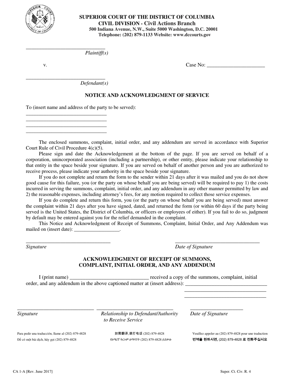 Form CA1-A Notice and Acknowledgment of Service - Washington, D.C., Page 1