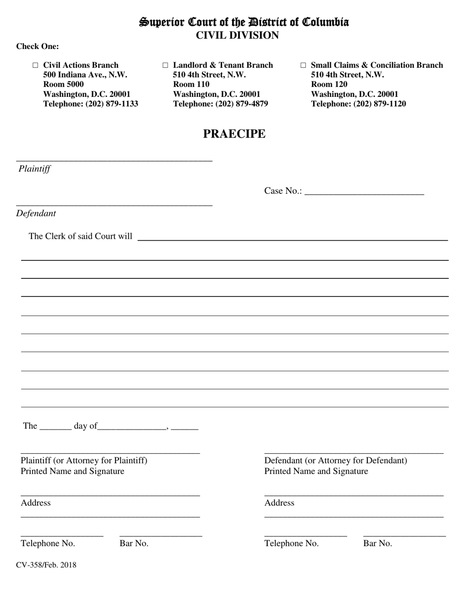 Form CV-358 Praecipe - Washington, D.C., Page 1