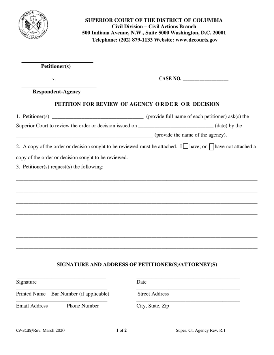 Form CV-3139 Petition for Review of Agency Order or Decision - Washington, D.C., Page 1