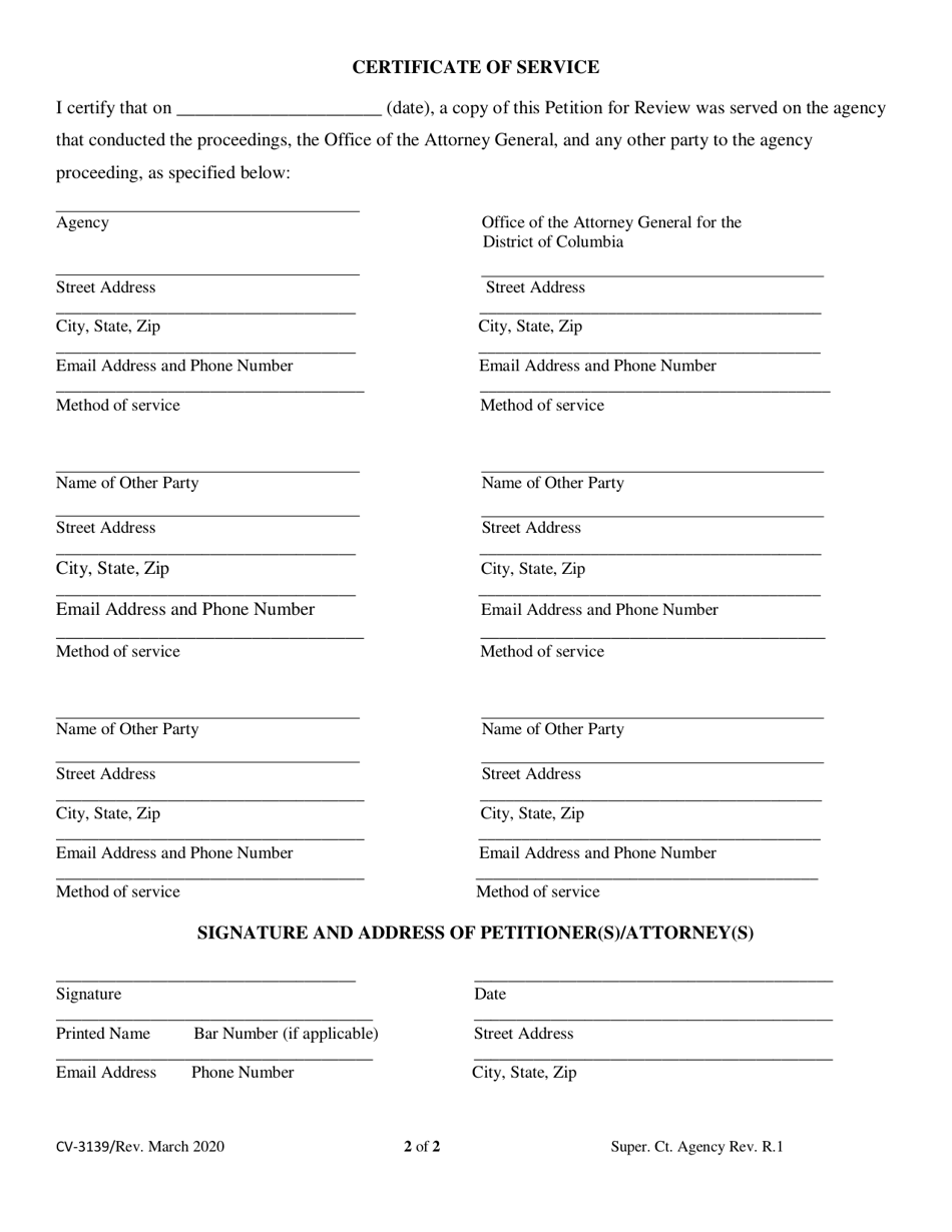Form CV-3139 Petition for Review of Agency Order or Decision - Washington, D.C., Page 2