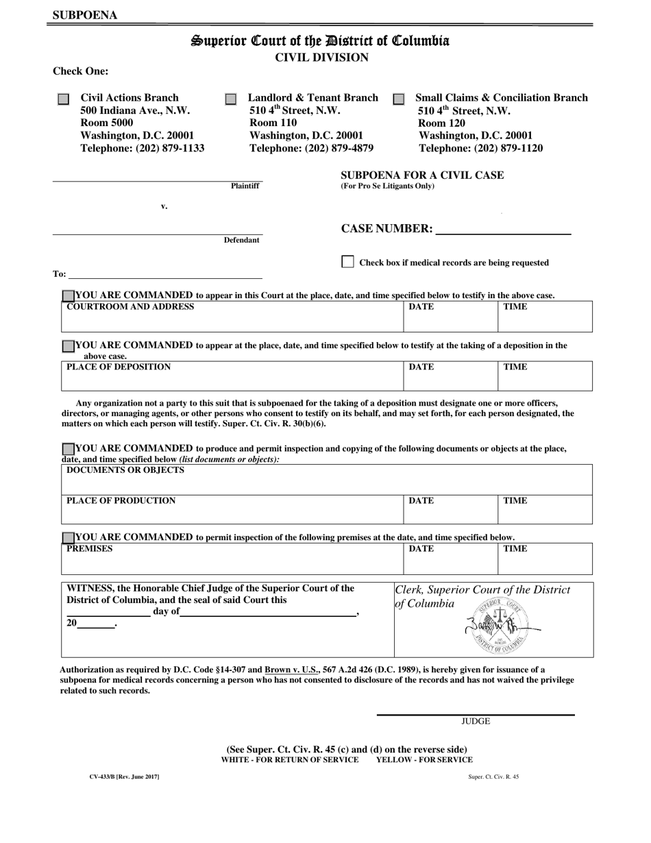 Form CV-433/B Subpoena for a Civil Case (For Pro Se Litigants Only) - Washington, D.C., Page 1