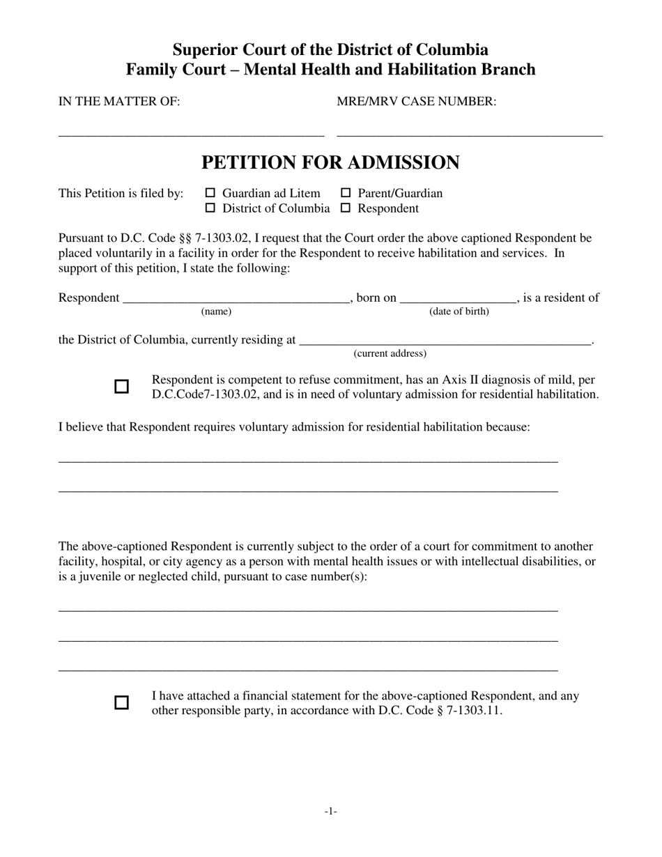 Petition for Admission - Washington, D.C., Page 1