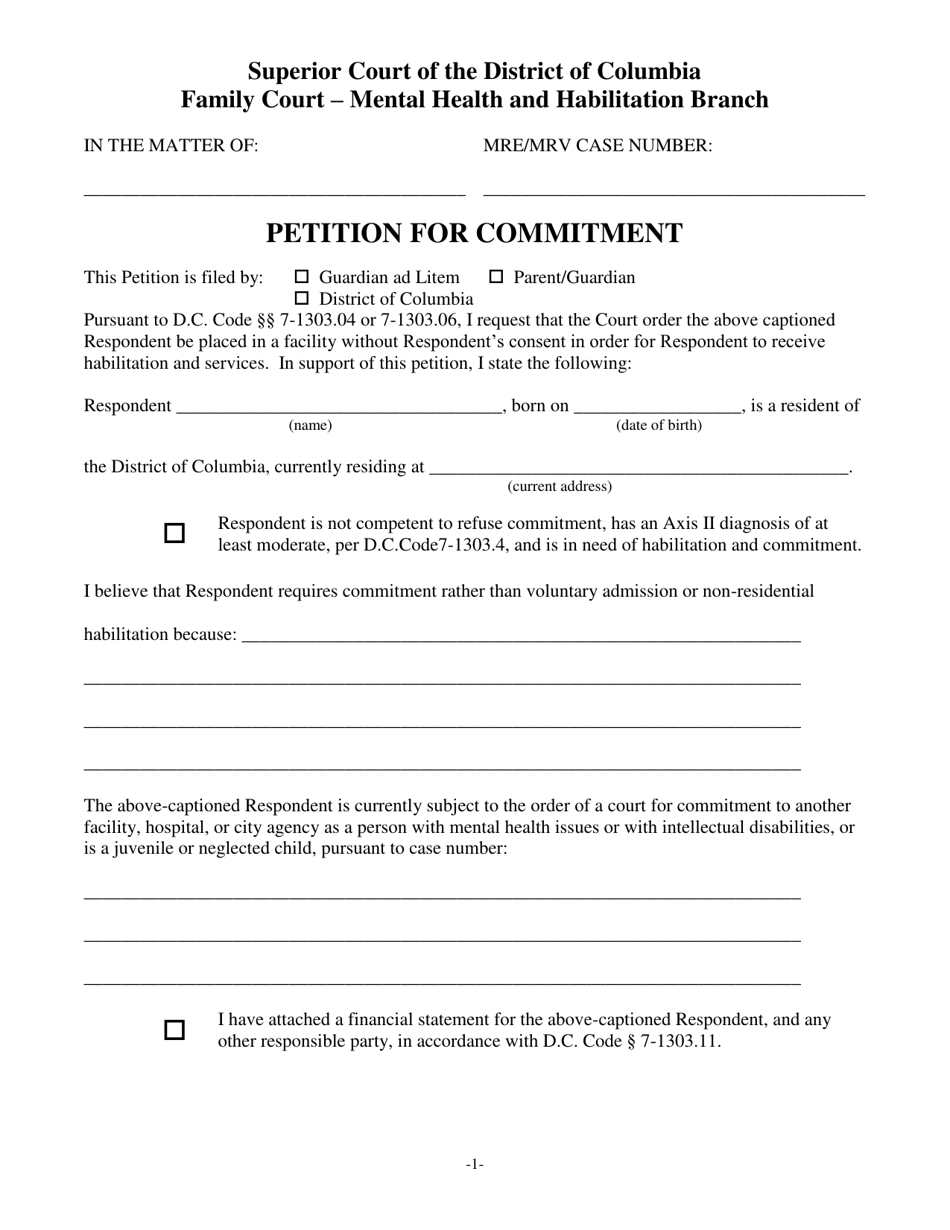 Petition for Commitment - Washington, D.C., Page 1