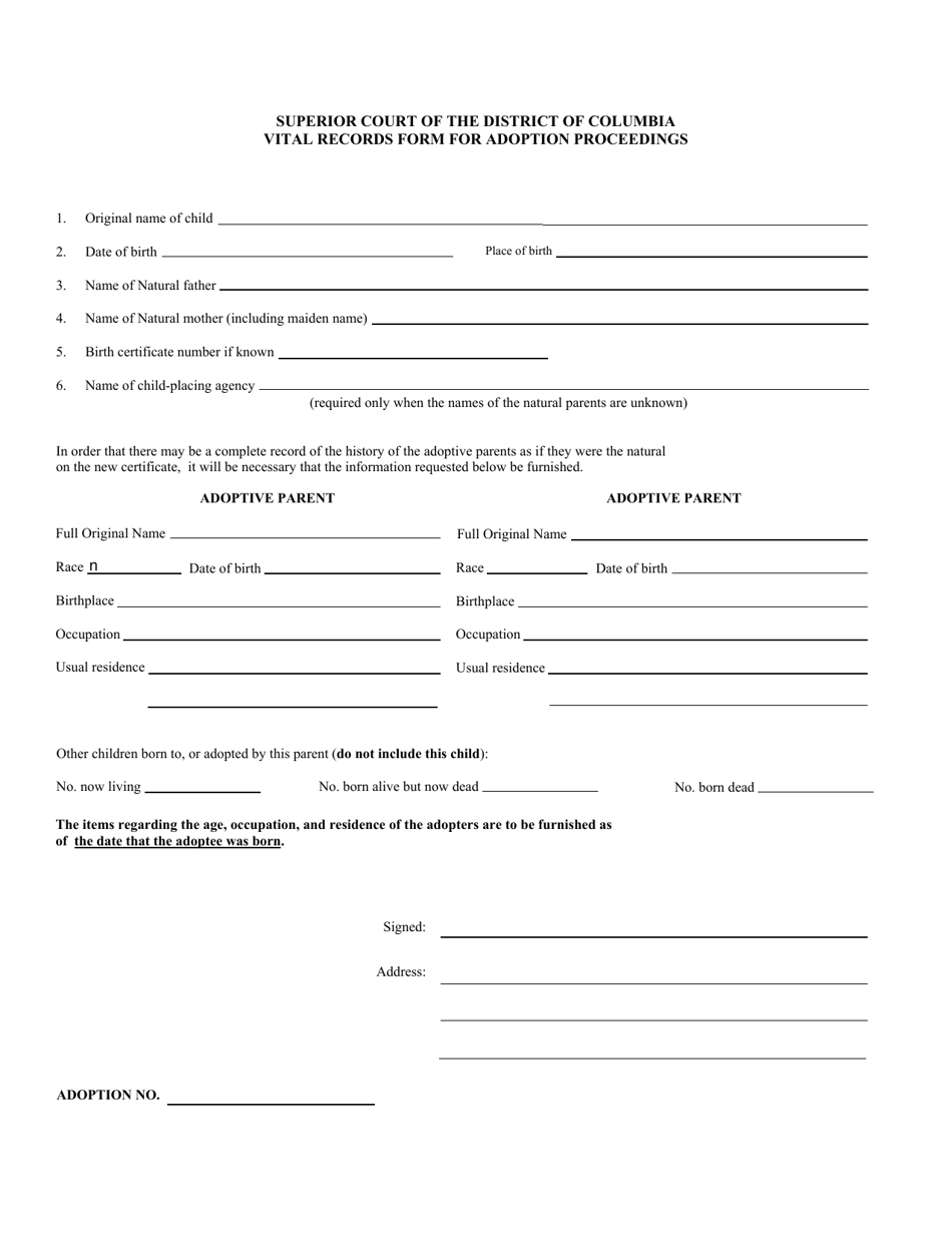 Vital Records Form for Adoption Proceedings - Washington, D.C., Page 1
