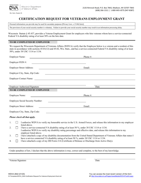 Form WDVA2642 Certification Request for Veterans Employment Grant - Wisconsin