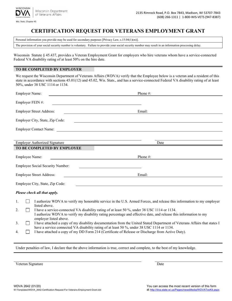Form WDVA2642 Certification Request for Veterans Employment Grant - Wisconsin, Page 1