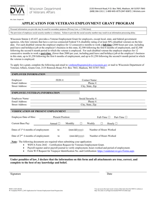 Form WDVA2643 Application for Veterans Employment Grant Program - Wisconsin