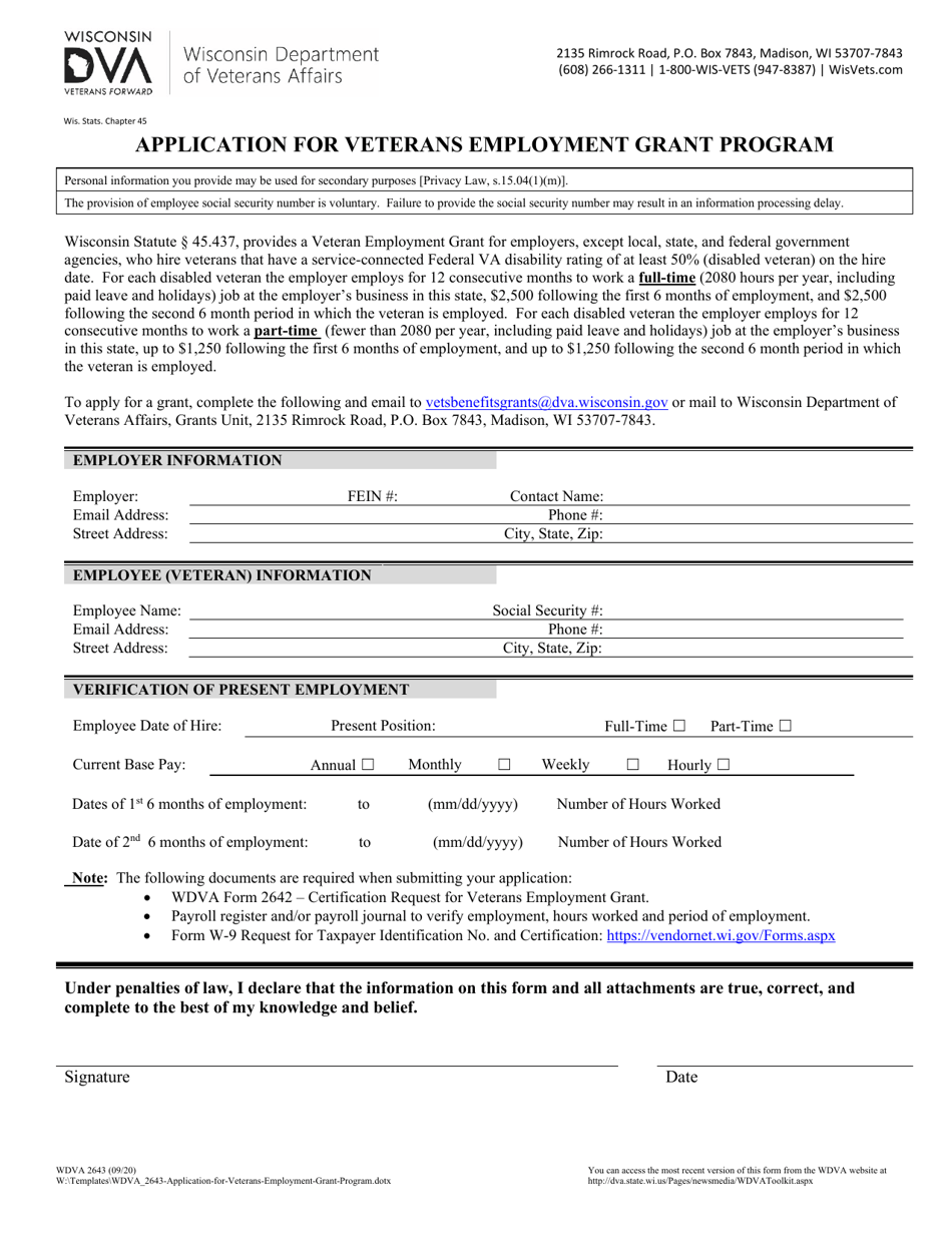 Form WDVA2643 Application for Veterans Employment Grant Program - Wisconsin, Page 1