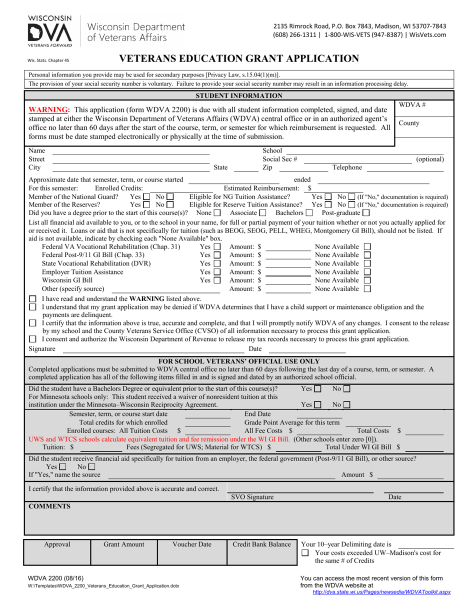 Form WDVA2200 Veterans Education Grant Application - Wisconsin, Page 1