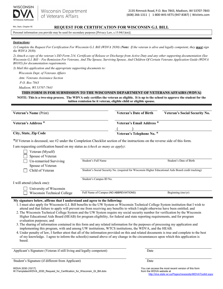 Form WDVA2030 Request for Certification for Wisconsin G.i. Bill - Wisconsin, Page 1