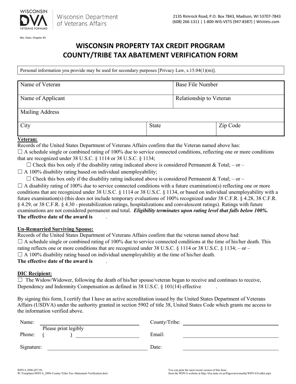 Form WDVA2096 County / Tribe Tax Abatement Verification Form - Wisconsin Property Tax Credit Program - Wisconsin, Page 1