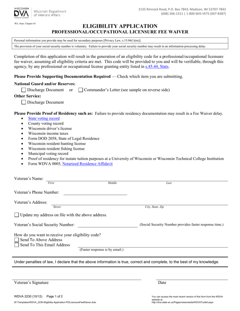 Form WDVA2230 Eligibility Application - Professional/Occupational Licensure Fee Waiver - Wisconsin
