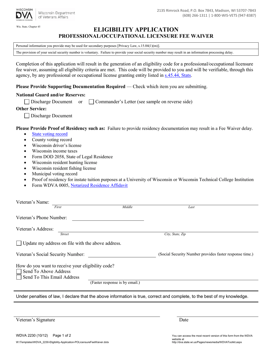 Form WDVA2230 Eligibility Application - Professional / Occupational Licensure Fee Waiver - Wisconsin, Page 1