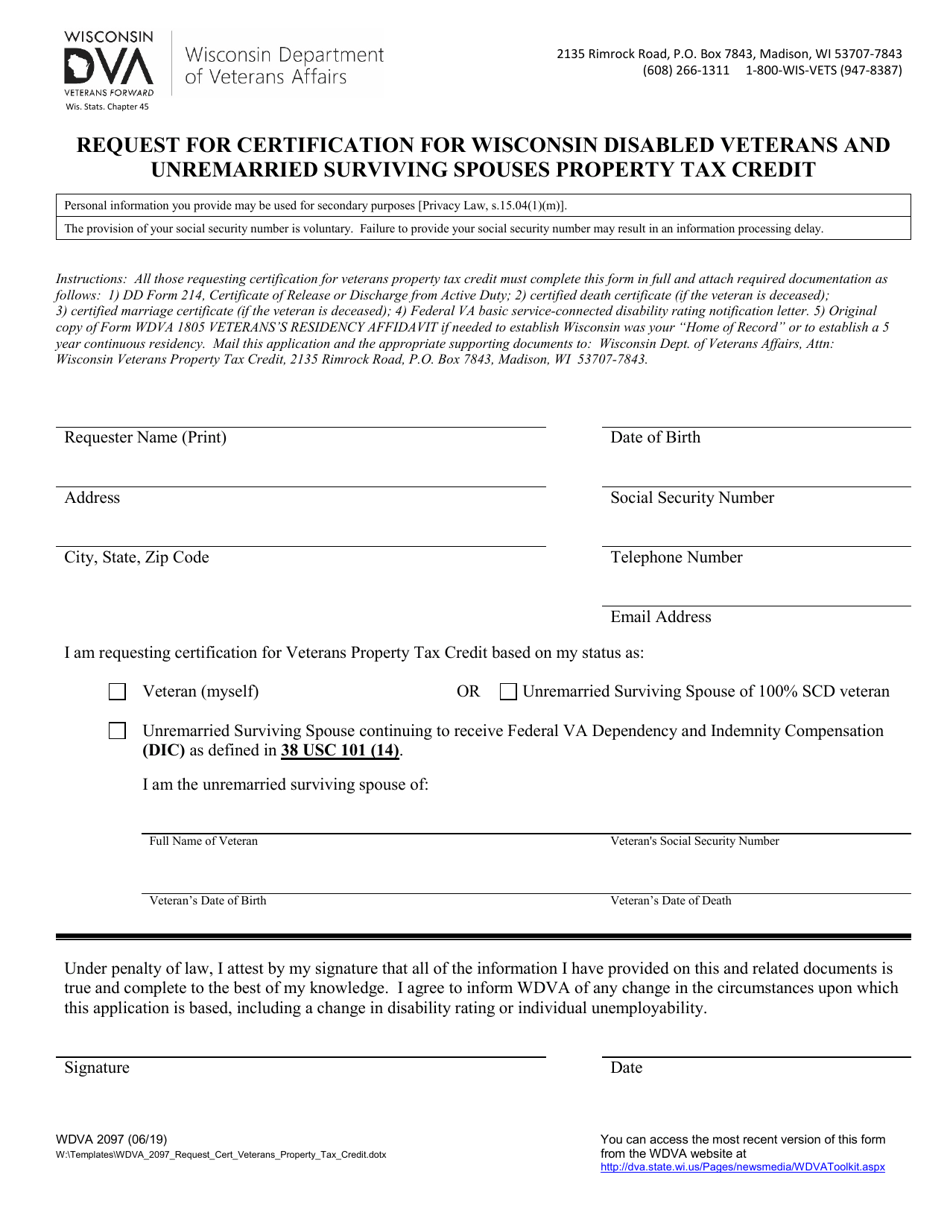 Form WDVA2097 Request for Certification for Wisconsin Disabled Veterans and Unremarried Surviving Spouses Property Tax Credit - Washington, Page 1