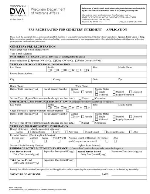 Form WDVA2111 Pre-registration for Cemetery Interment - Application - Washington