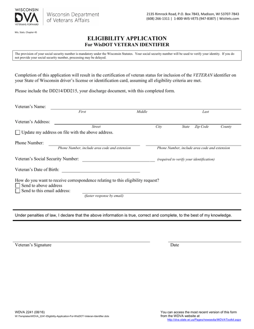 Form WDVA2241 Eligibility Application for Wisdot Veteran Identifier - Washington
