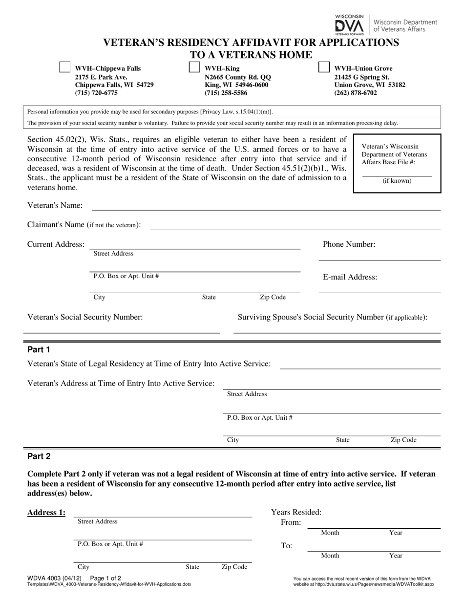 Form WDVA4003 Veterans Residency Affidavit for Applications to a Veterans Home - Wisconsin, Page 1