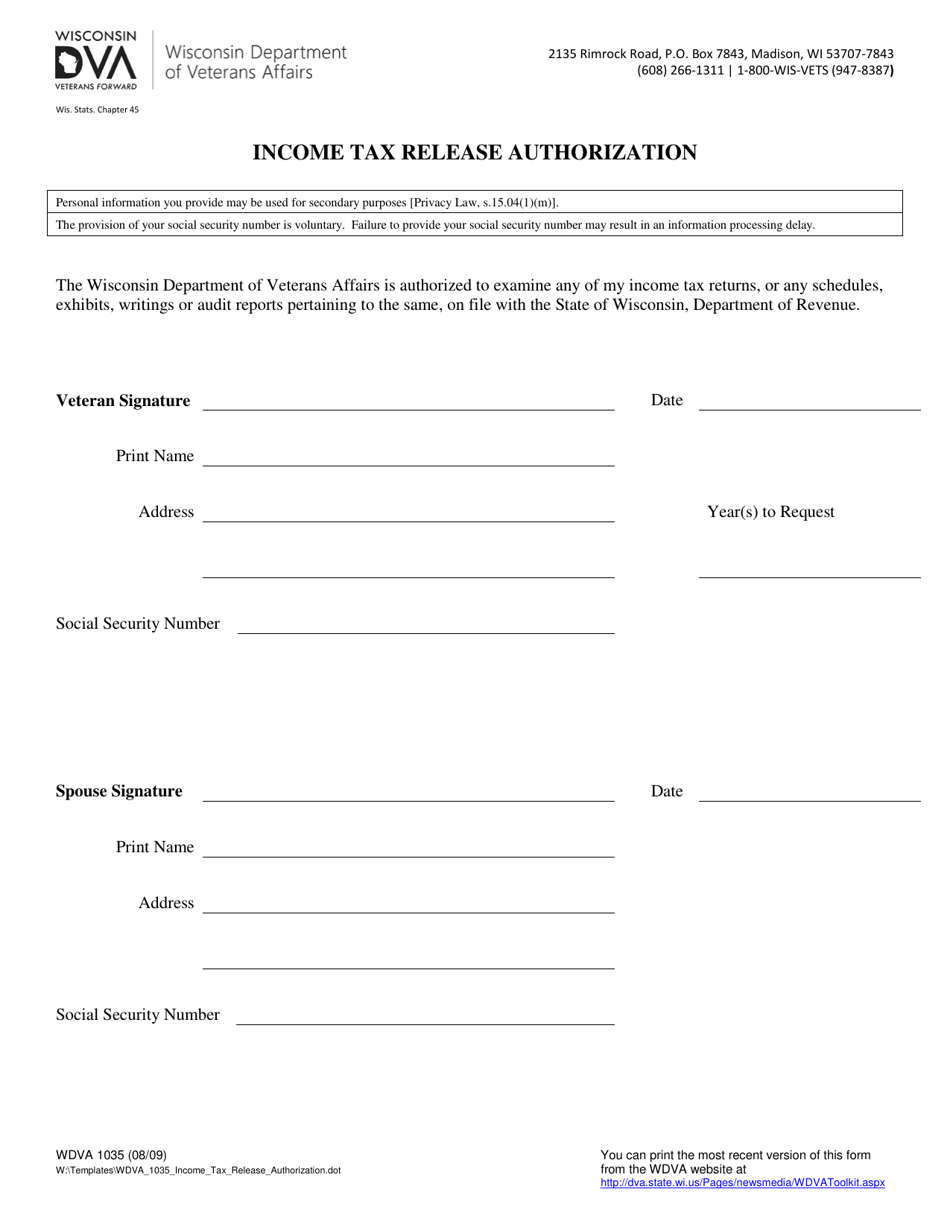 Form WDVA1035 Income Tax Release Authorization - Wisconsin, Page 1