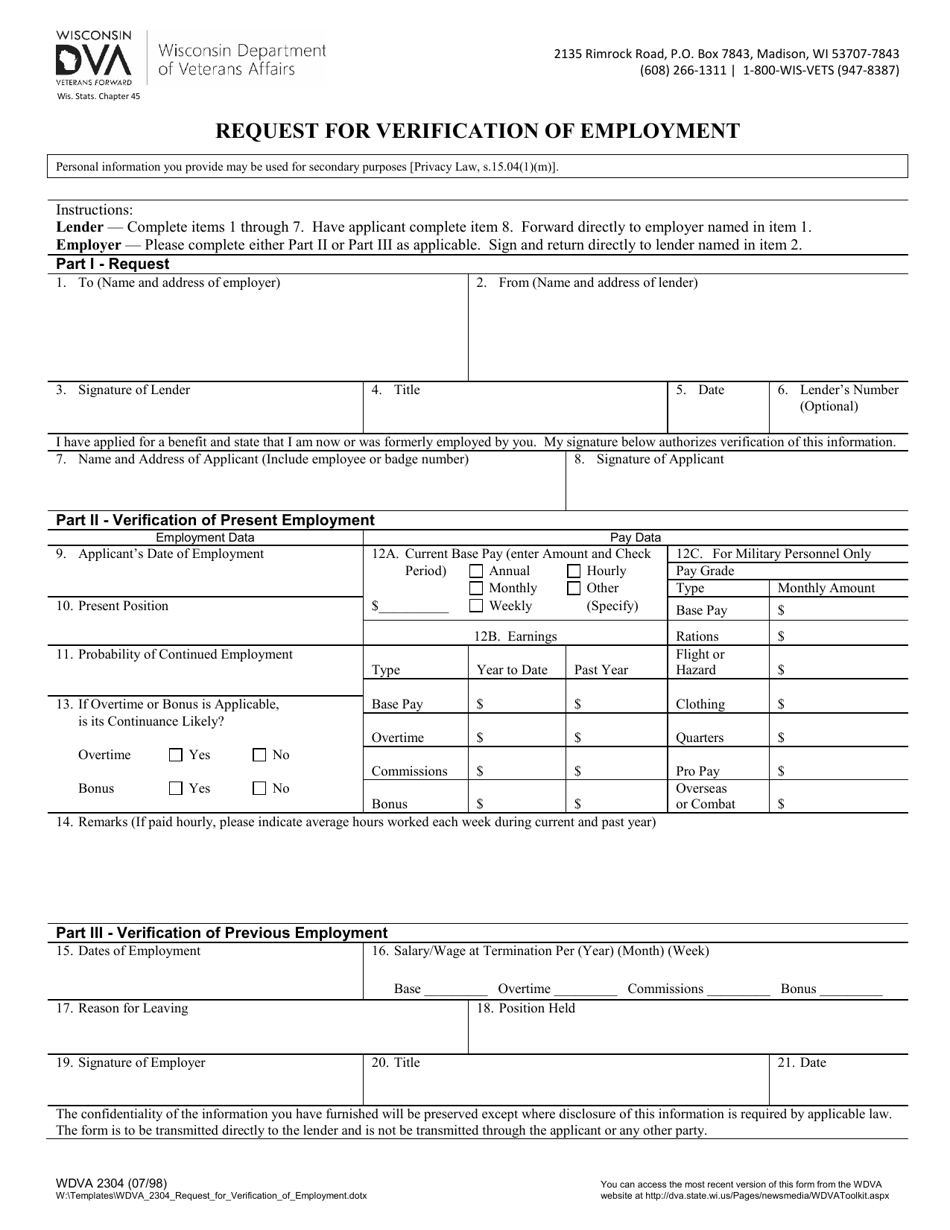 Form WDVA2304 Request for Verification of Employment - Wisconsin, Page 1