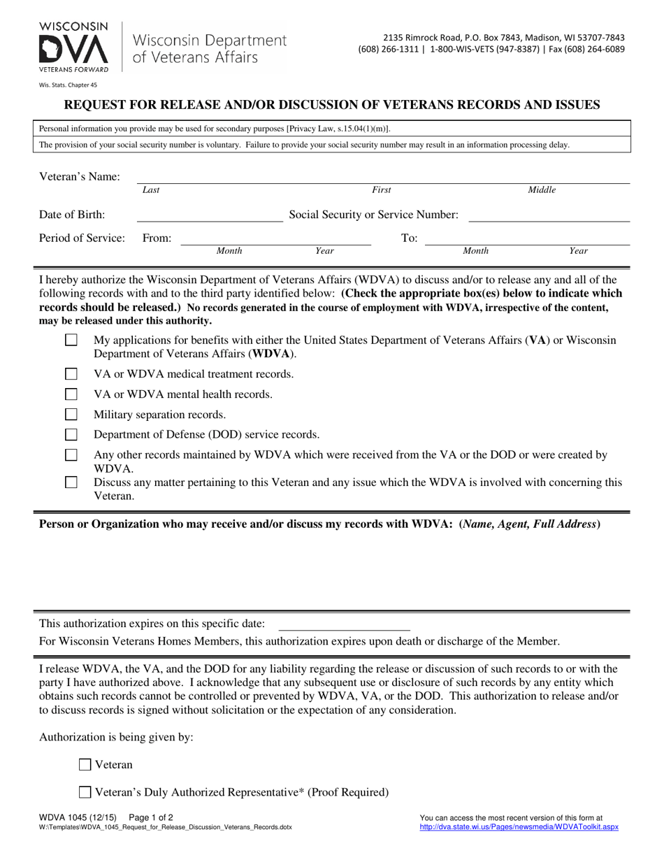 Form WDVA1045 Request for Release and / or Discussion of Veterans Records and Issues - Wisconsin, Page 1