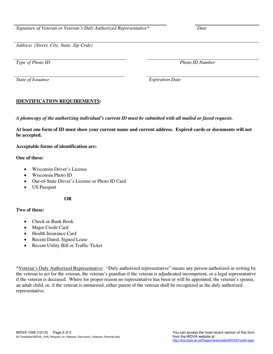 Form WDVA1045 Request for Release and / or Discussion of Veterans Records and Issues - Wisconsin, Page 2