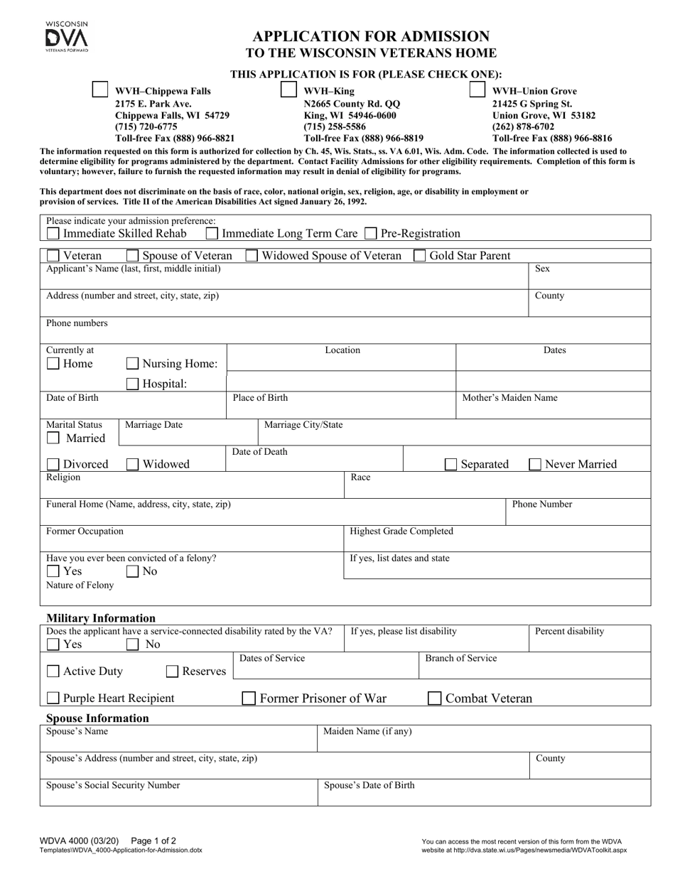 Form WDVA4000 Application for Admission to the Wisconsin Veterans Home - Wisconsin, Page 1