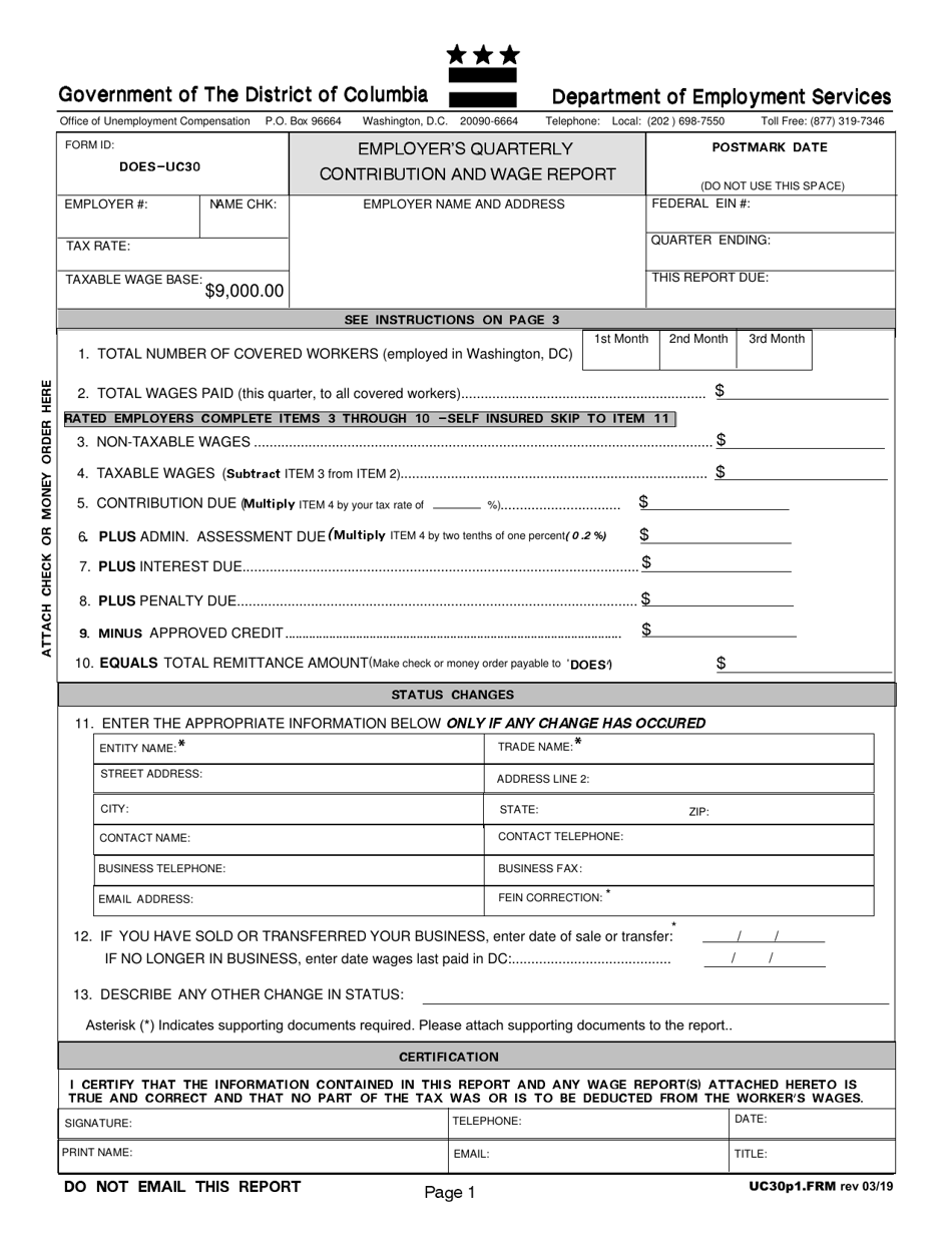 Form UC30 Employers Quarterly Contribution and Wage Report - Washington, D.C., Page 1