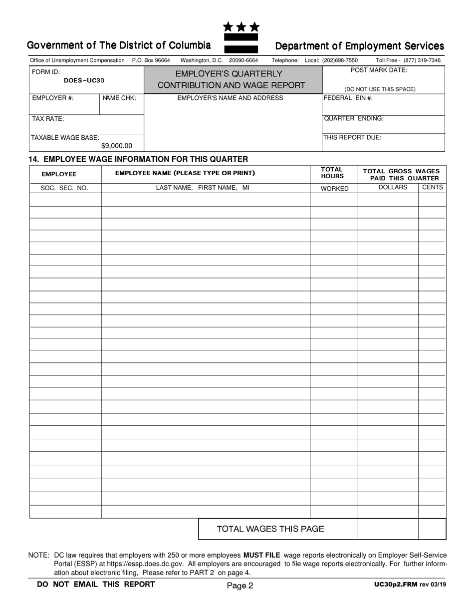 Form UC30 Employers Quarterly Contribution and Wage Report - Washington, D.C., Page 2