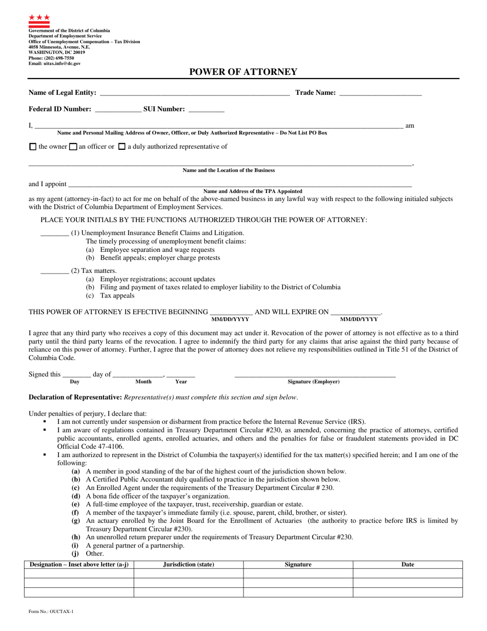 Form OUCTAX-1 Power of Attorney - Washington, D.C., Page 1