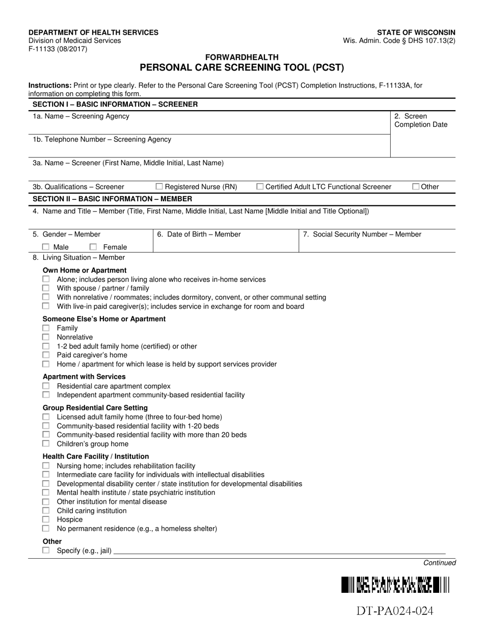 Form F-11133 Personal Care Screening Tool (Pcst) - Wisconsin, Page 1