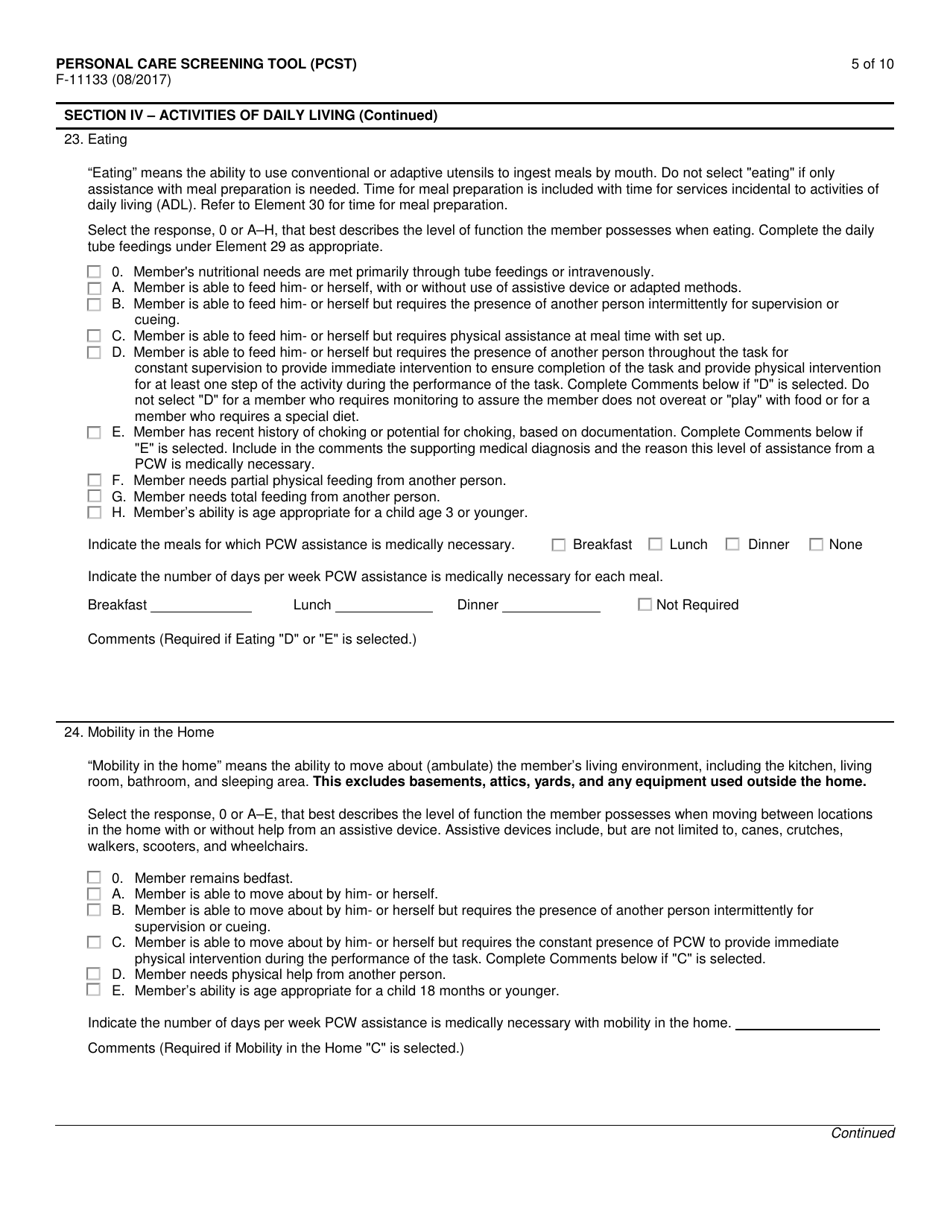 Form F-11133 Personal Care Screening Tool (Pcst) - Wisconsin, Page 5