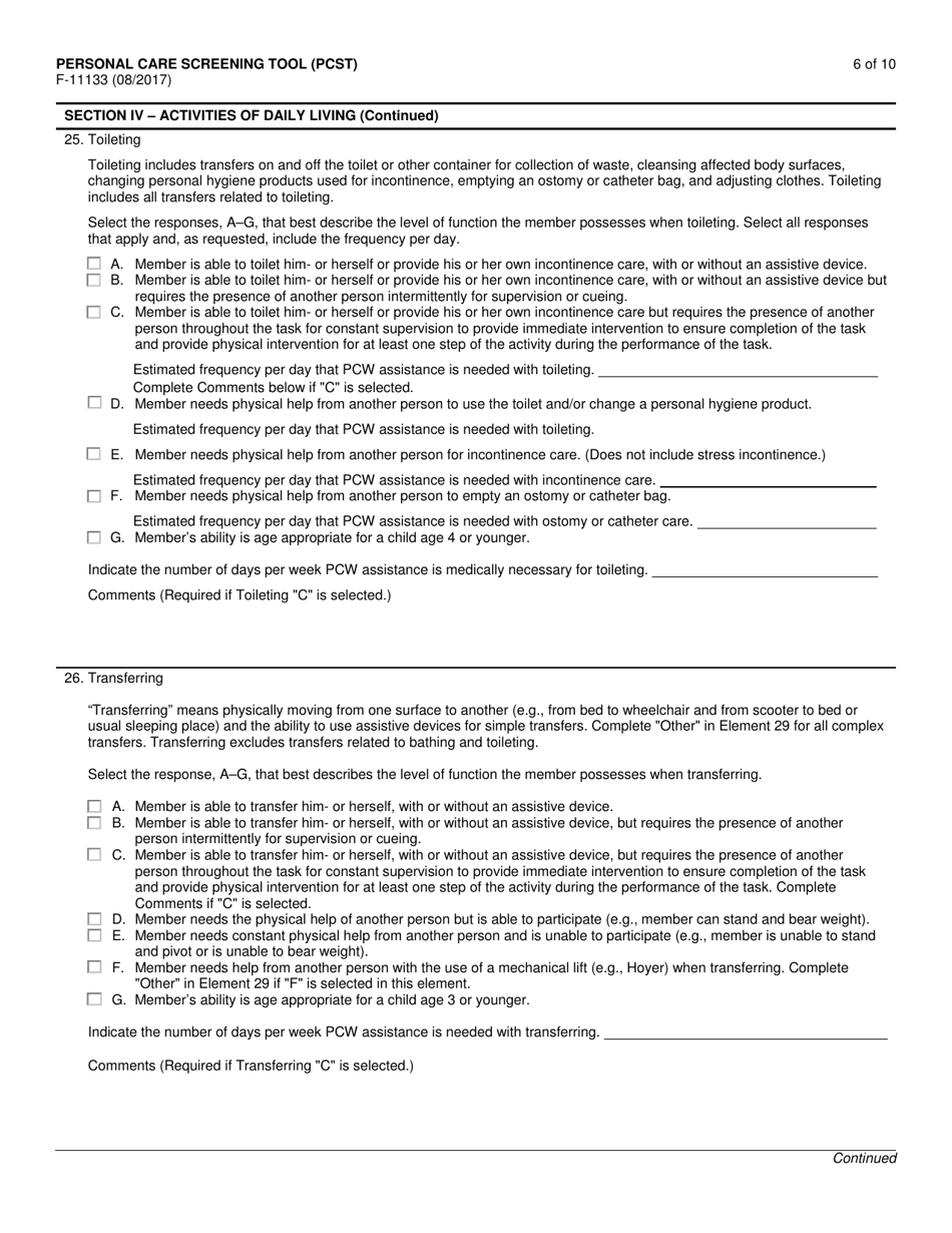 Form F-11133 Personal Care Screening Tool (Pcst) - Wisconsin, Page 6