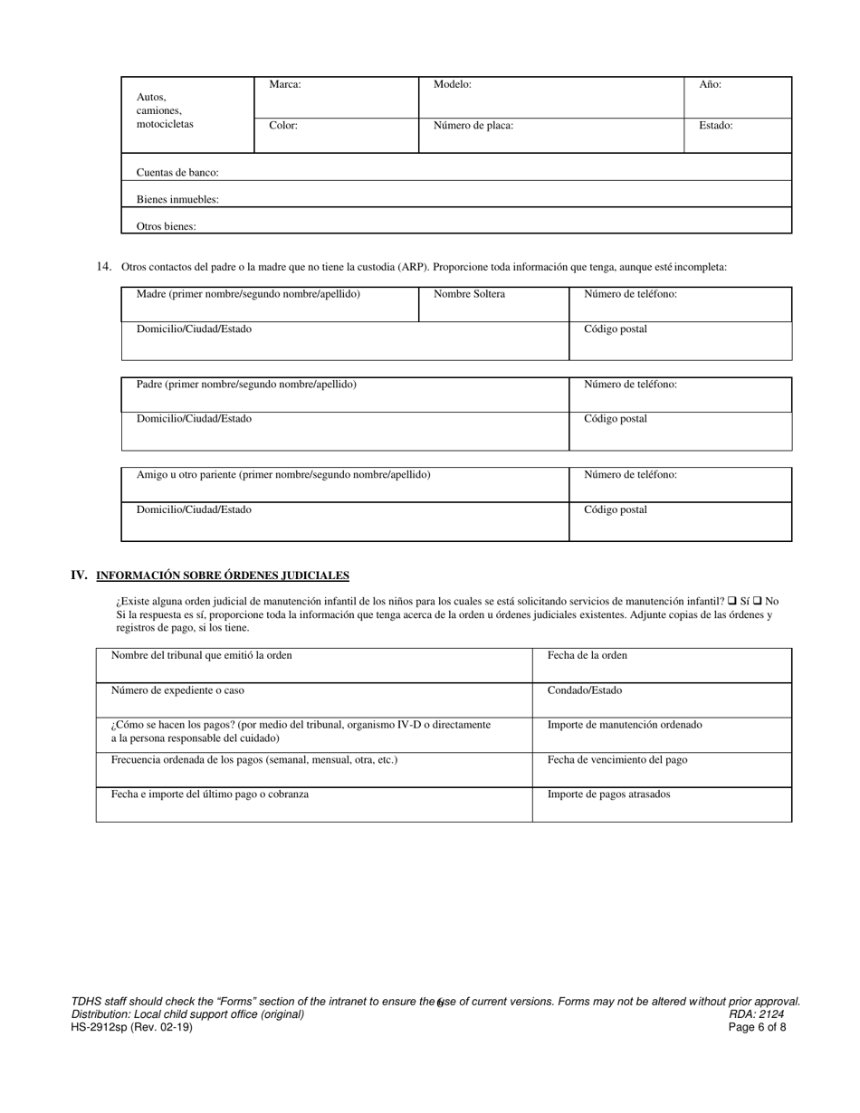 Formulario HS-2912SP Solicitud De Servicios De Manutencion Infantil - Tennessee (Spanish), Page 6