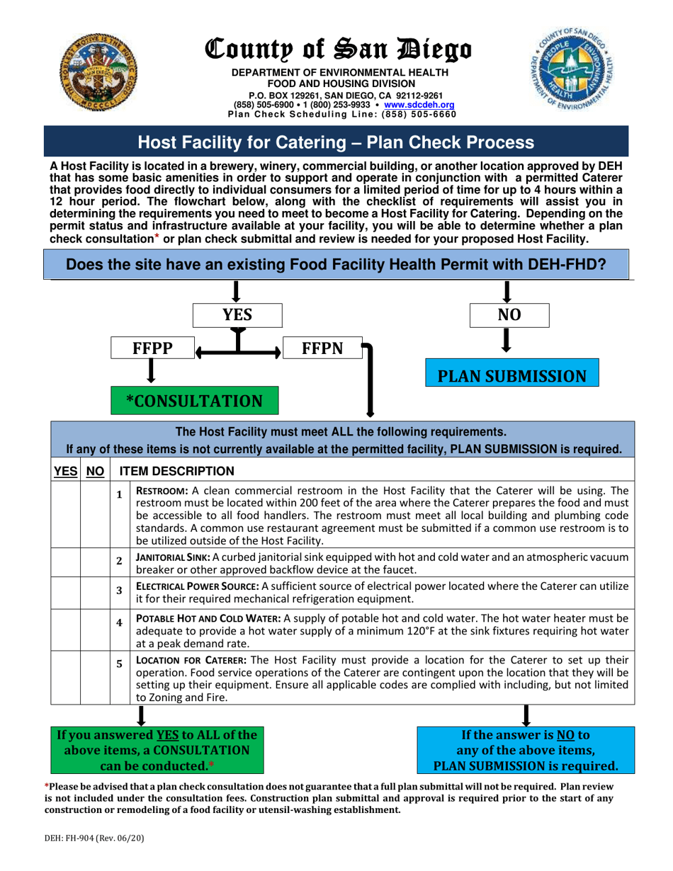 Form DEH:FH-904 Host Facility for Catering - Plan Check Flow Chart - County of San Diego, California, Page 1