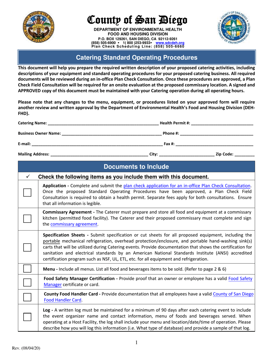 Catering Standard Operating Procedures Worksheet - County of San Diego, California, Page 1
