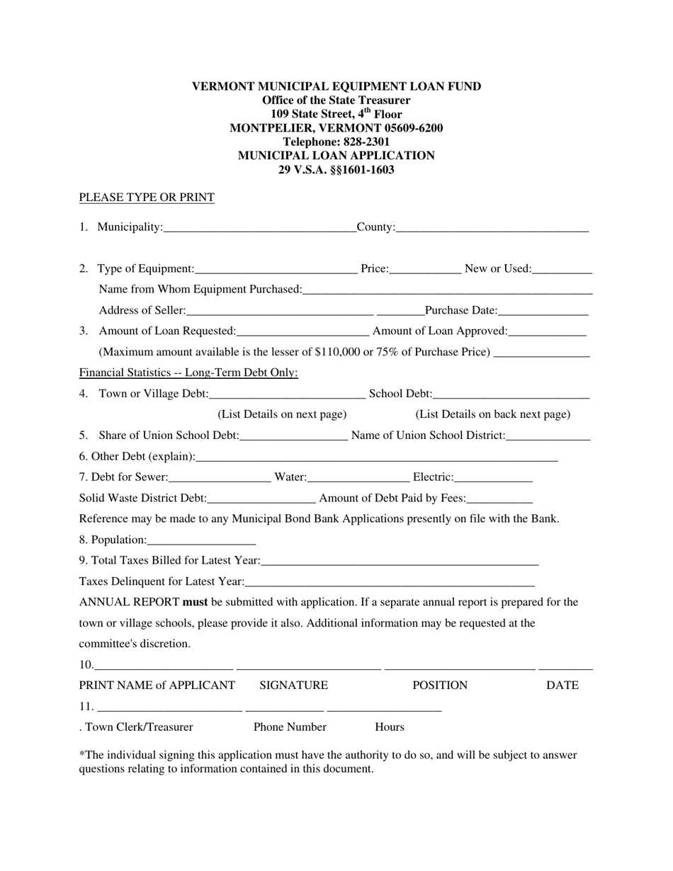 Vermont Municipal Equipment Loan Fund Application Form - Vermont, Page 1