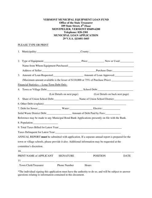 Vermont Municipal Equipment Loan Fund Application Form - Vermont Download Pdf