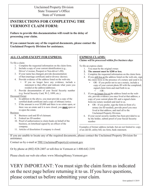 Claim to State of Vermont Property Presumed Unclaimed - Vermont Download Pdf