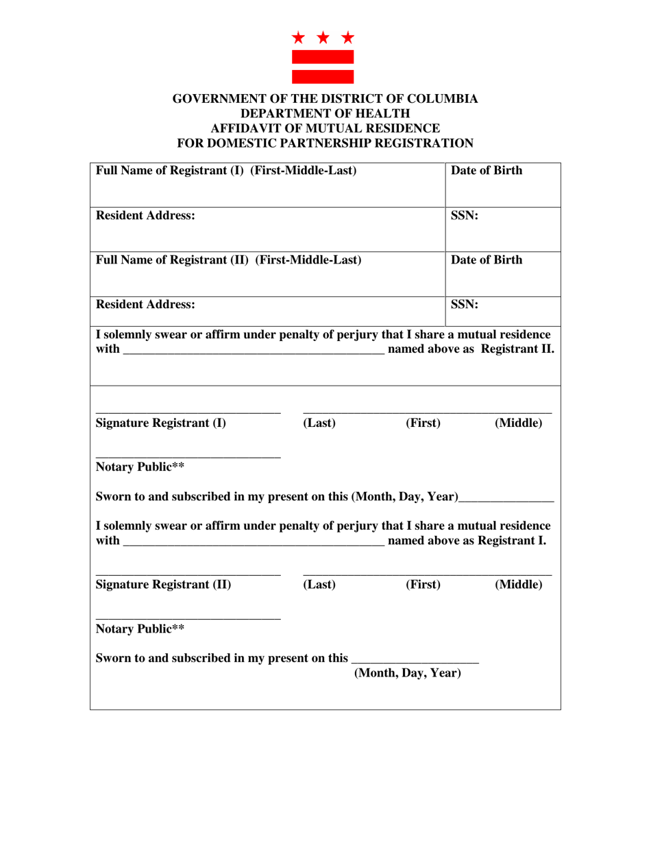Affidavit of Mutual Residence for Domestic Partnership Registration - Washington, D.C., Page 1