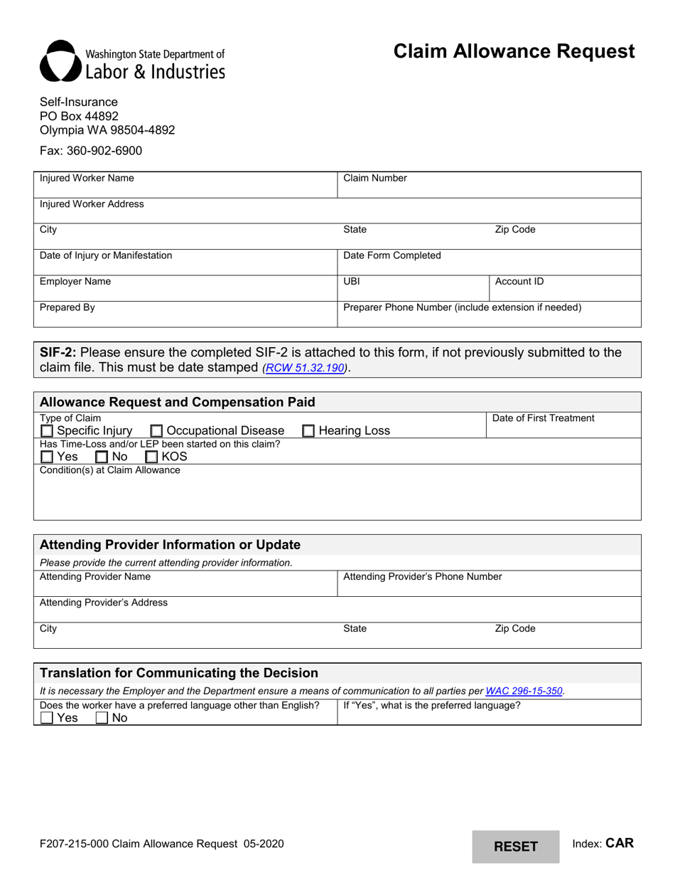 Form F207-215-000 Claim Allowance Request - Washington, Page 1