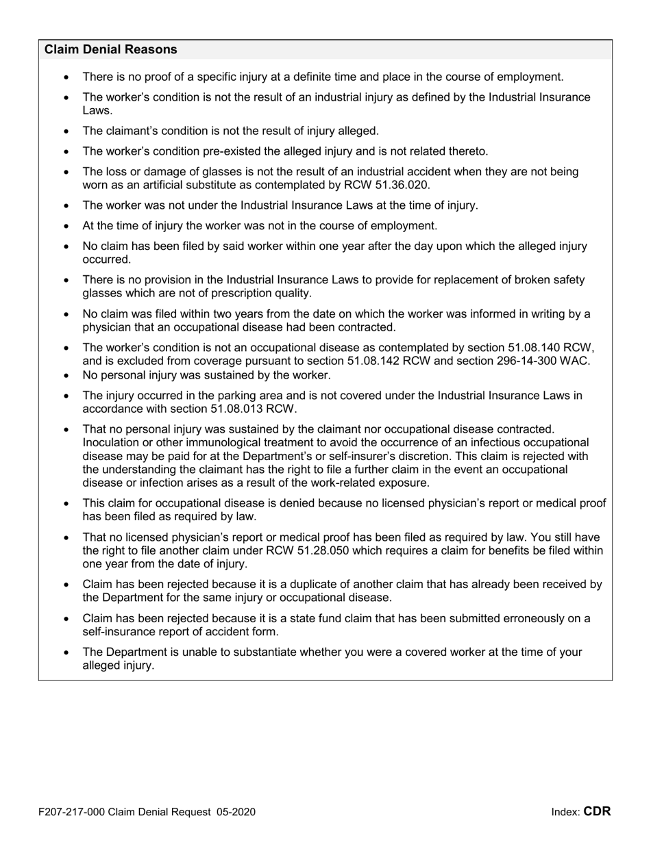 Form F207-217-000 Claim Denial Request - Washington, Page 2