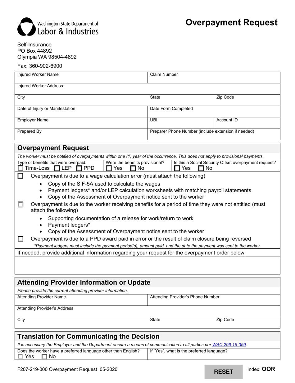 Form F207-219-000 Overpayment Request - Washington, Page 1