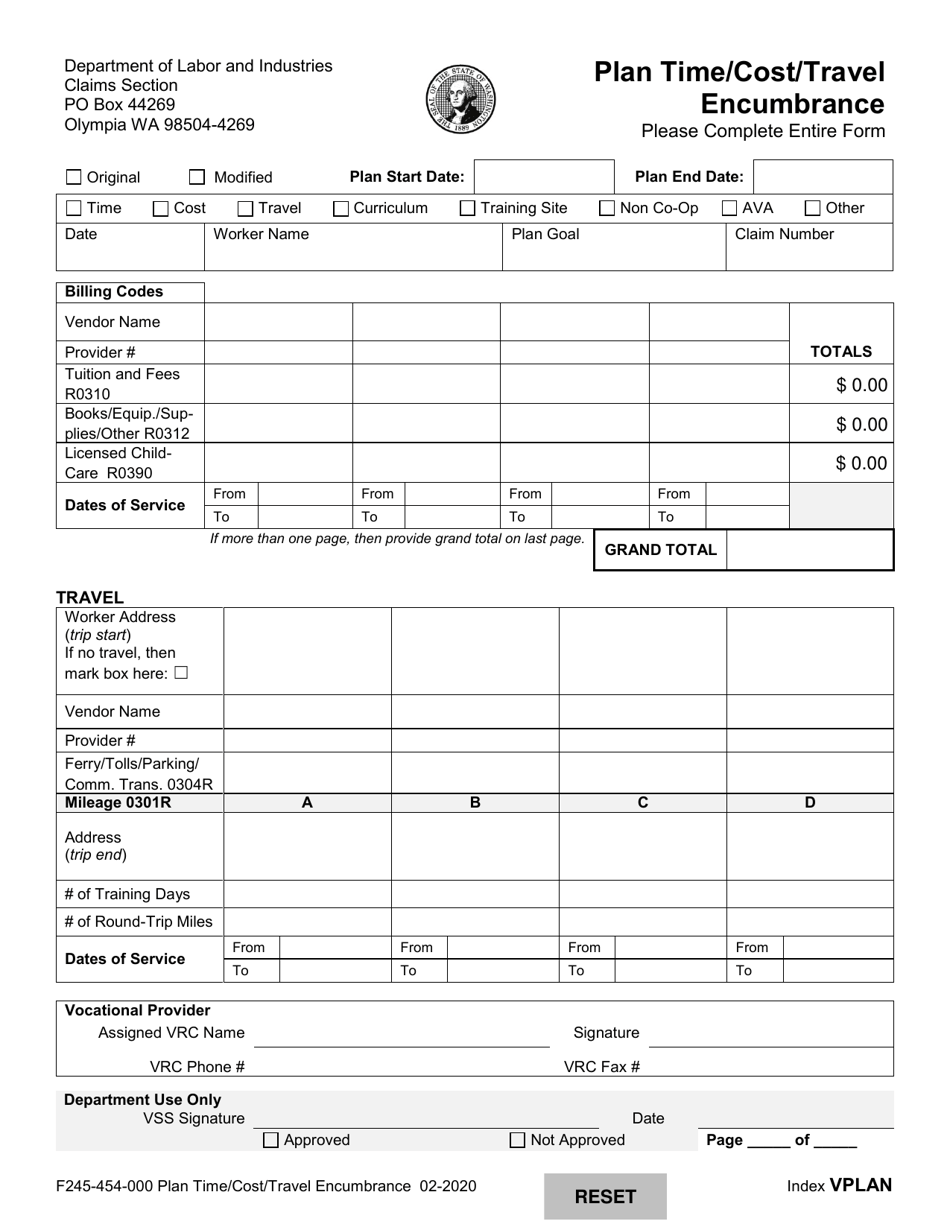 Form F245-454-000 Plan Time / Cost / Travel Encumbrance - Washington, Page 1