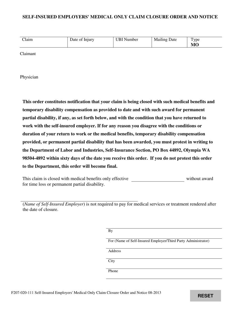 Form F207-020-111 Self-insured Employers Medical Only Claim Closure Order and Notice - Washington, Page 1