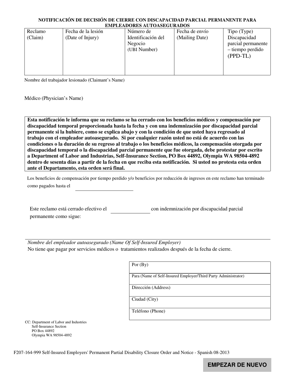 Formulario F207-164-999 Notificacion De Decision De Cierre Con Discapacidad Parcial Permanente Para Empleadores Autoasegurados - Washington (Spanish), Page 1